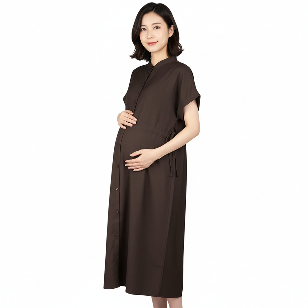 前開式抽繩洋裝-咖啡色