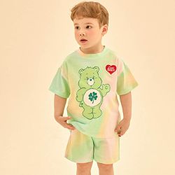 韓國 Care Bears - 聯名款大熊熊印暈染短袖套裝-幸運草綠熊-黃X綠