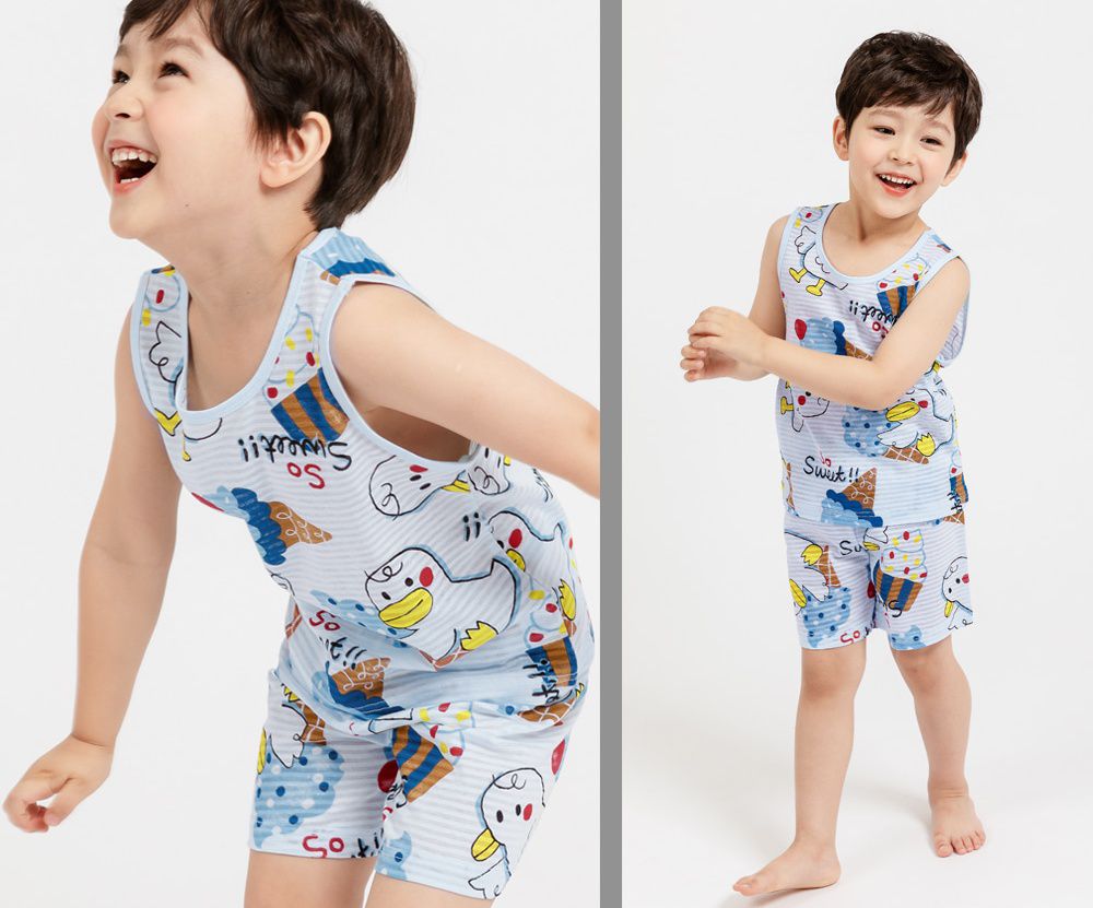 韓國 Mellisse - 韓製輕薄透氣無袖家居服(無螢光棉)-鴨鴨愛吃冰淇淋-藍