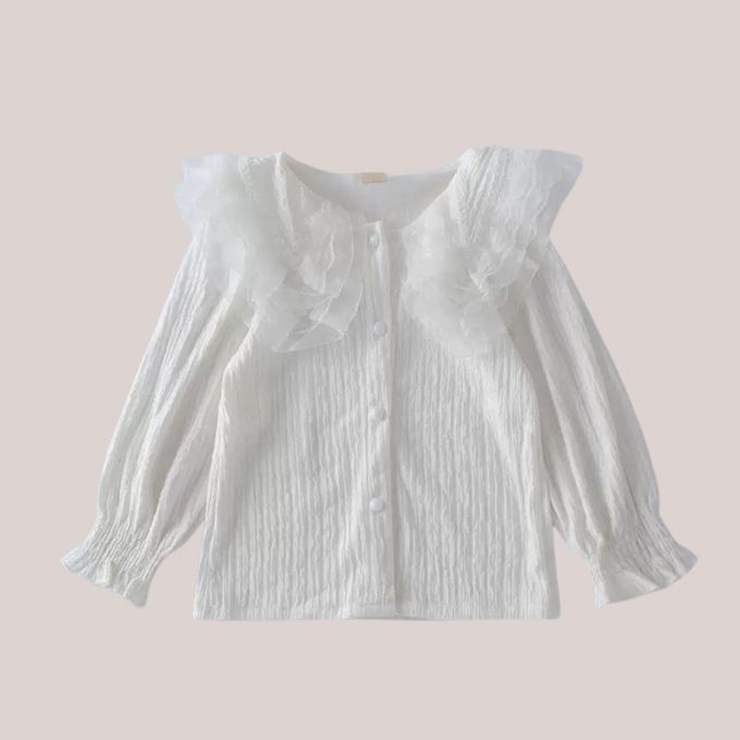 love, charlotte - 歐美系荷葉花邊領口坑條薄針織上衣  童裝 上衣 素色 白色上衣