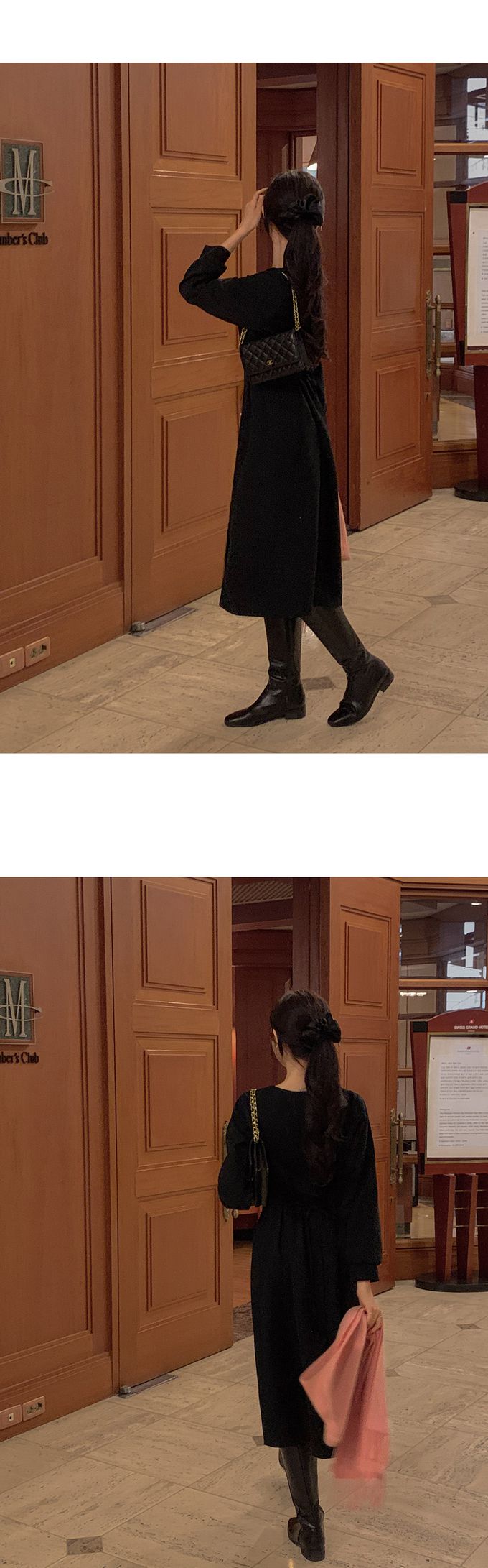 韓國女裝代購 - 霧面質感金釦點綴修飾連身洋裝-乾燥玫瑰粉 (FREE)