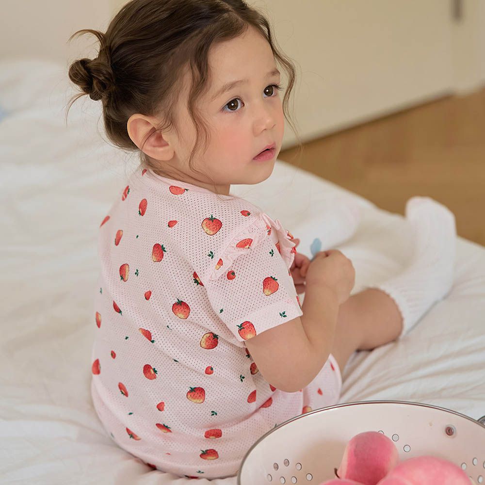 透氣網眼洞洞短袖家居服/睡衣-鮮甜草莓-淡粉
