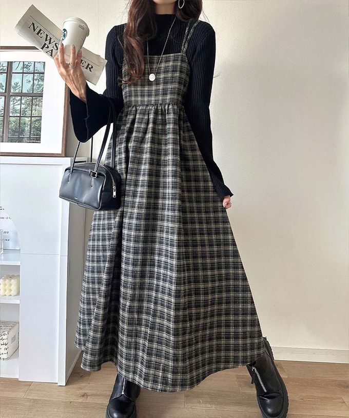 日本 Classical Elf - 學院風格紋甜美雙吊帶洋裝-深灰棕