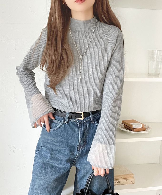 日本 Classical Elf - 絕美透膚羅紋喇叭袖上衣-灰藍