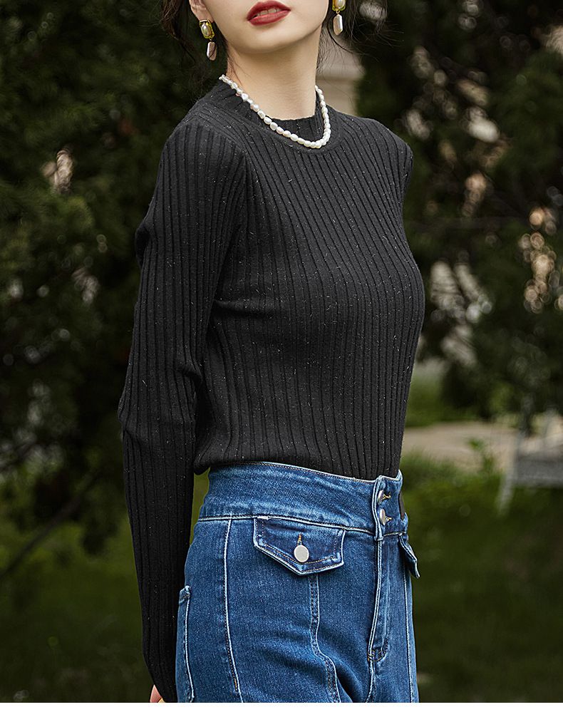 優雅百搭坑條修身針織上衣-黑色