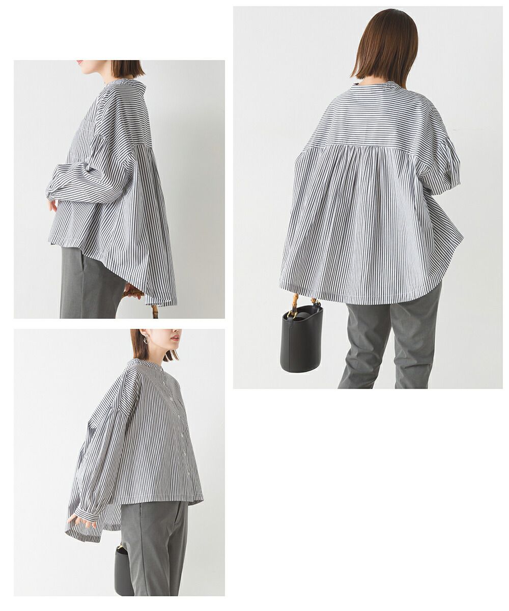 日本 OMNES - 100%棉 前短後長短版排扣襯衫-條紋-藍白