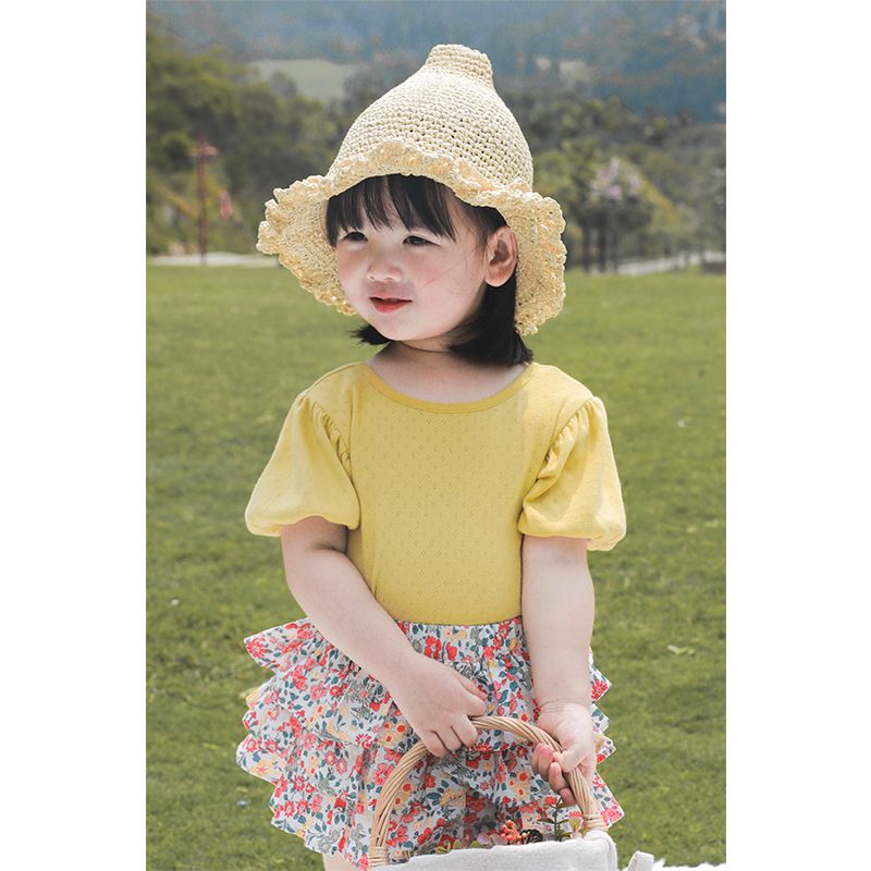 鳥眼簍空泡泡袖上衣-黃色