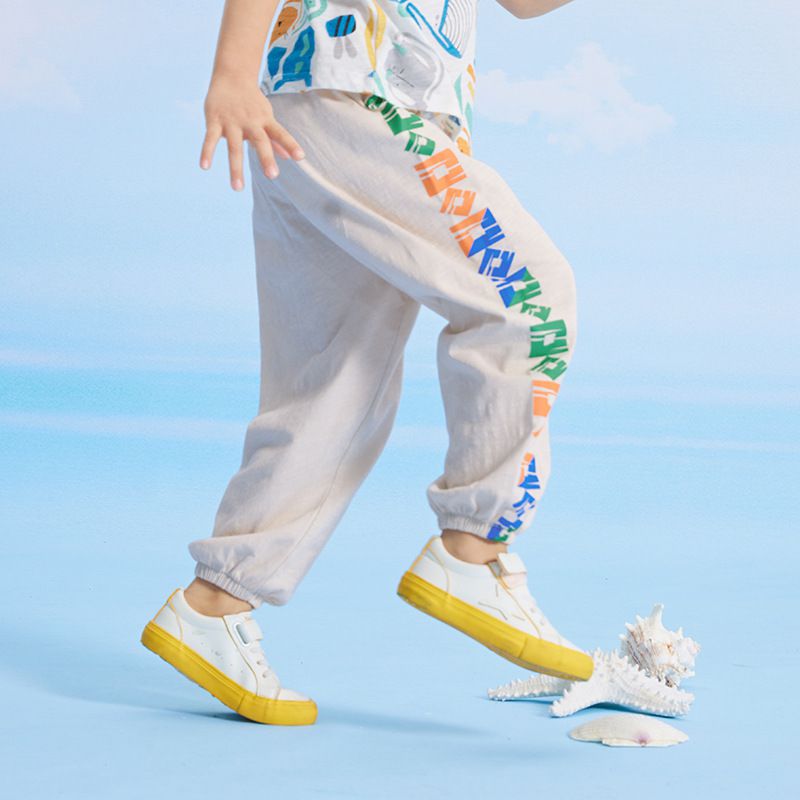 竹節棉束口長褲/防蚊褲-方形幾何-灰藍色