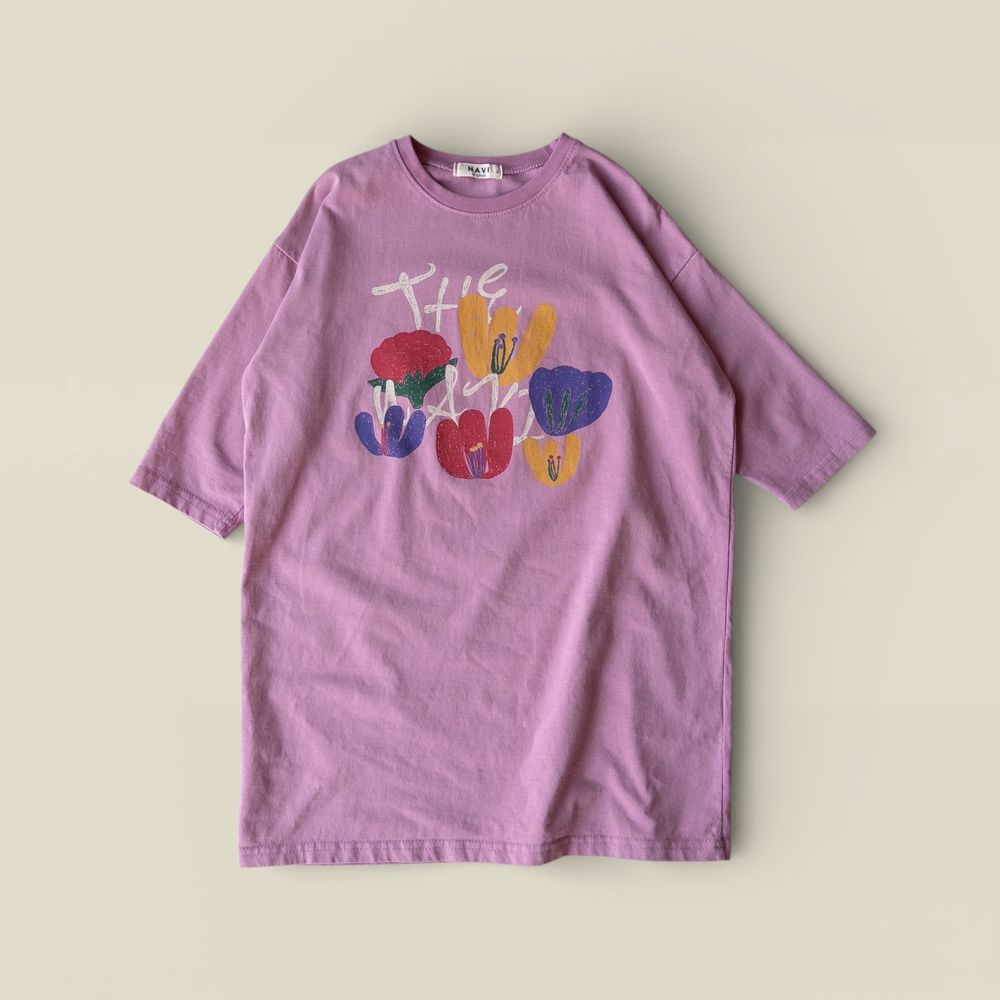 NAVi 手繪繽紛花卉純棉長袖連身洋裝-粉