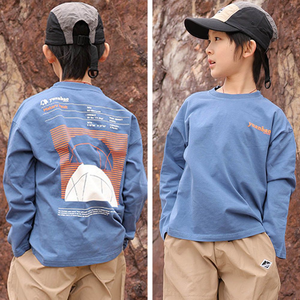 純棉圓領長袖上衣-Makaru Peak-牛仔藍