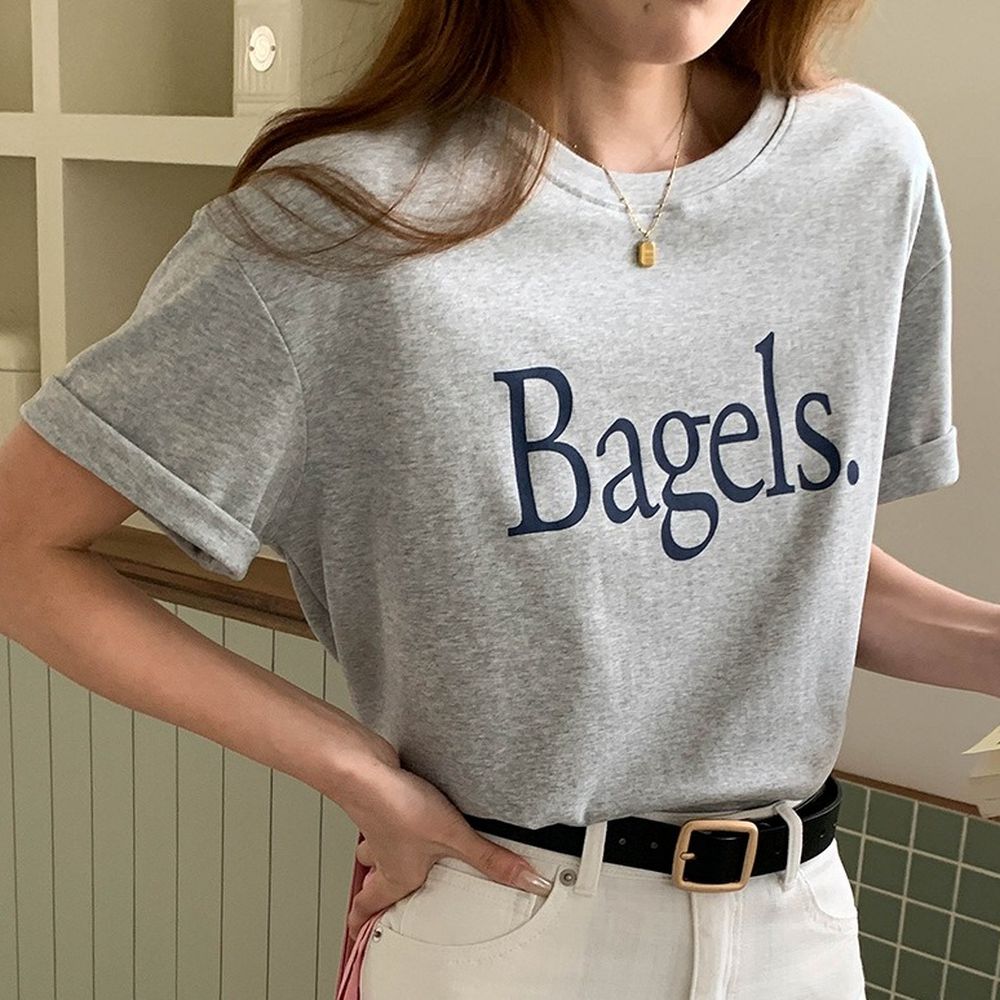 寬鬆落肩短袖上衣-Bagels.-灰 (F)