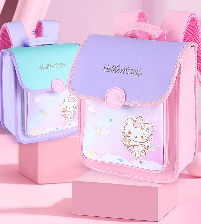 翻蓋式大容量多隔層書包-卡通人物Kitty-紫色 (建議身高110-135cm)