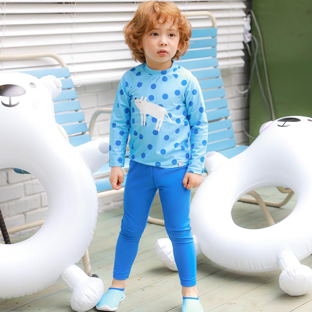 韓國 BAY-B - (含泳帽)UPF 50+兩件式長袖長褲泳裝-點點狗狗-藍