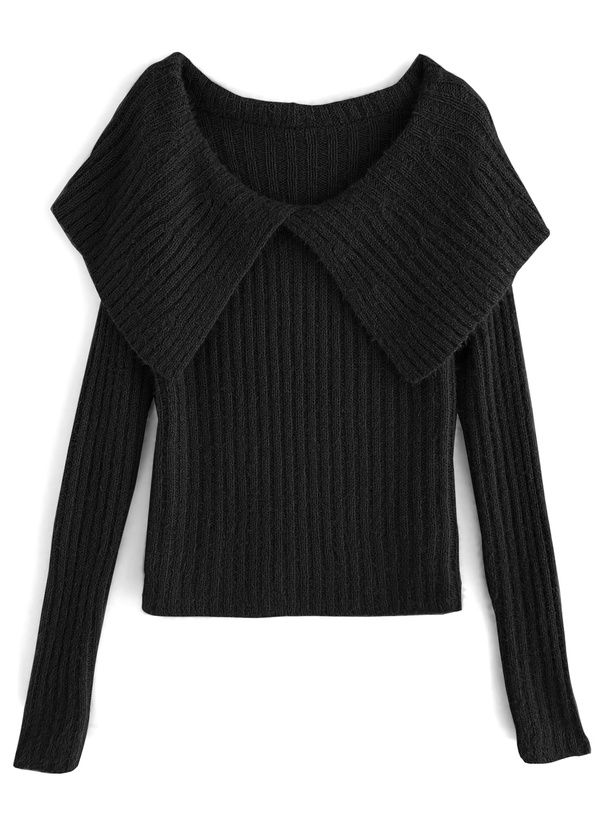 日本 GRL - 優雅甜美毛絨感大翻領針織上衣-黑