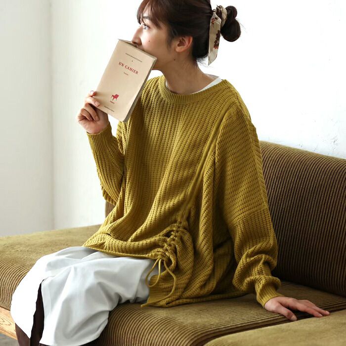 日本 ihuu - 側抽繩落肩船領針織上衣-米杏