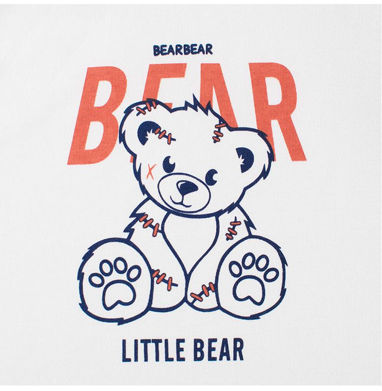 純棉圓領薄長袖上衣-可愛熊熊-米白+深藍