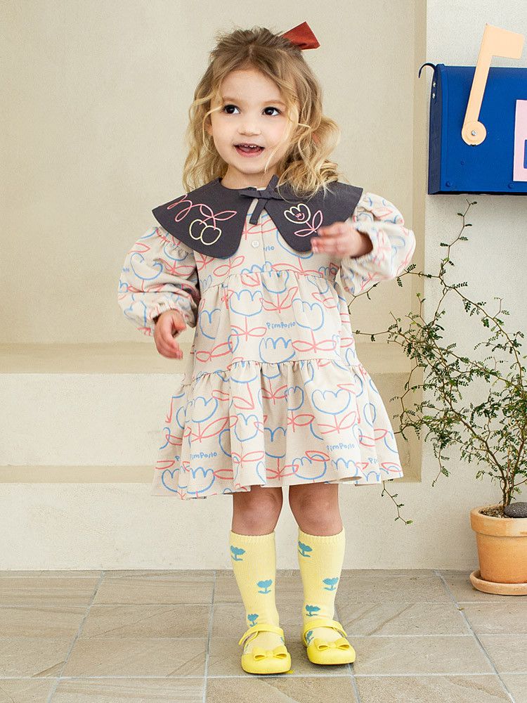 韓國Pimpollo - 可拆翻領可愛花朵洋裝-灰