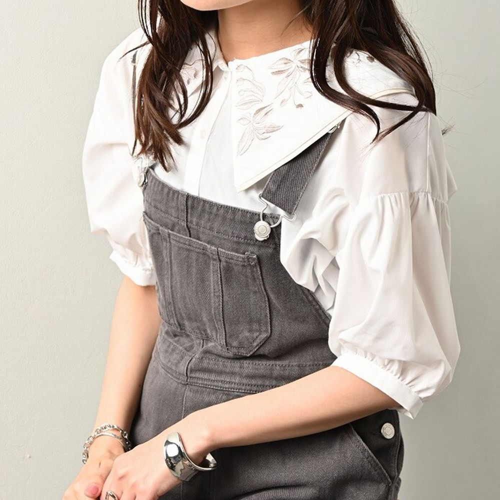 日本 ELENCARE DUE - 花草刺繡五分袖襯衫-白