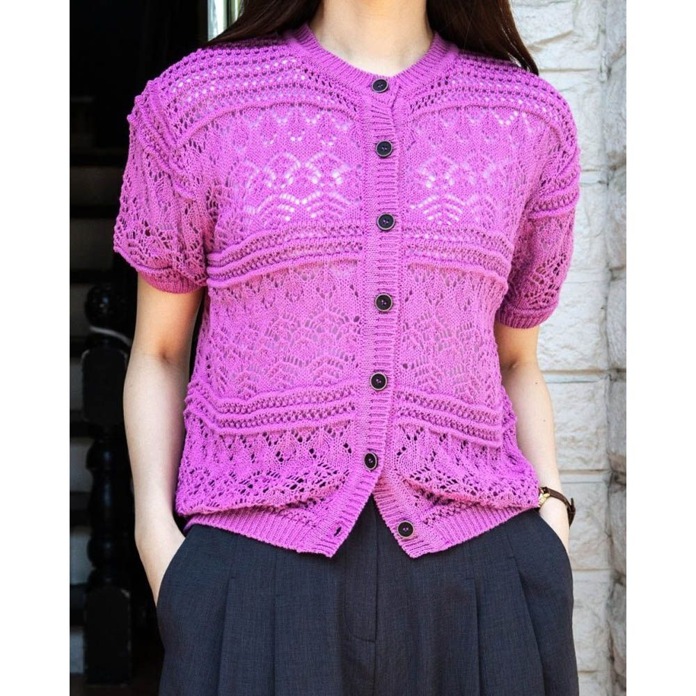 韓製 夏日棉麻編織圖騰短袖針織外套/上衣-桃紫 (FREE)