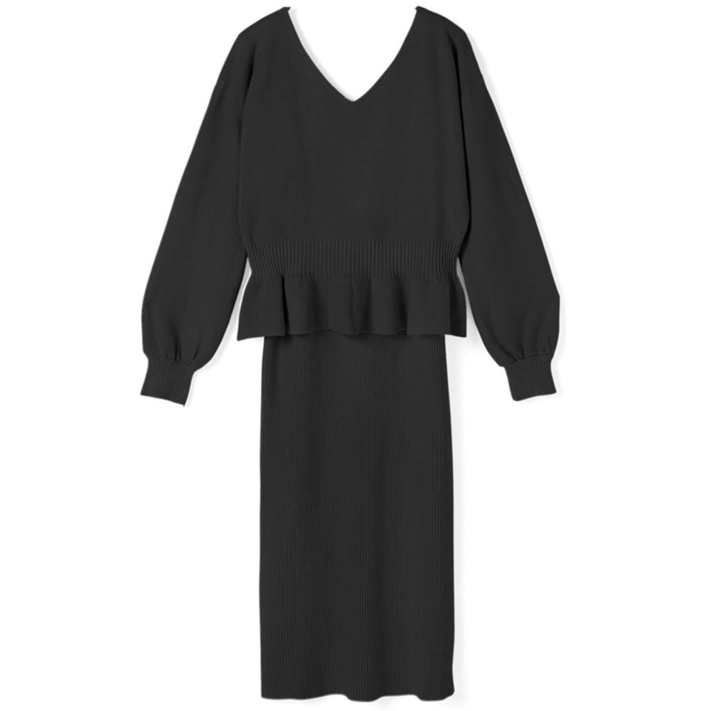 日本 GRL - V領荷葉衣襬針織上衣+修身洋裝套裝-時尚黑 (Free)