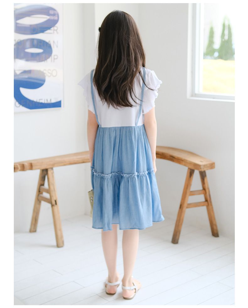 假兩件式拼接蛋糕裙洋裝-藍+白