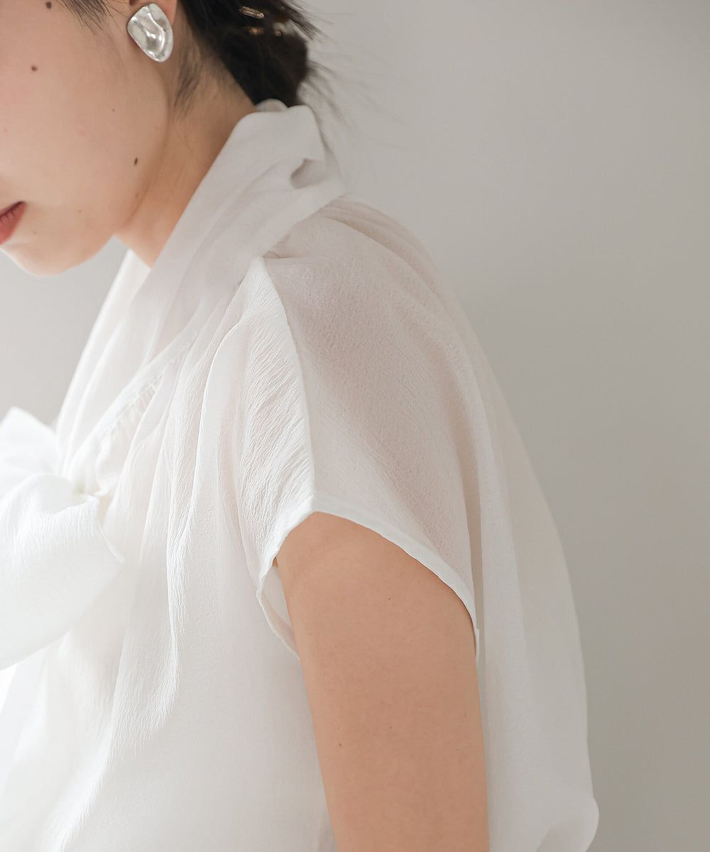 日本 Bab - 歐根紗紐結法式袖上衣-白