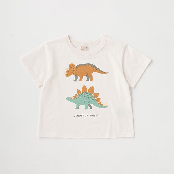 日本 petit main - 百搭印花短袖上衣-恐龍線條-卡其黃