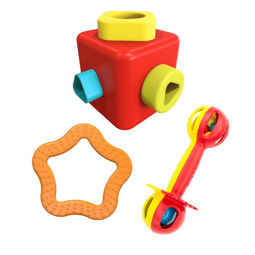 bioserie - 0-3歲成長玩具三件組(形狀配對)-形狀認知積木盒x1+小小麥克風手搖鈴x1+海星點點固齒玩具橘色x1