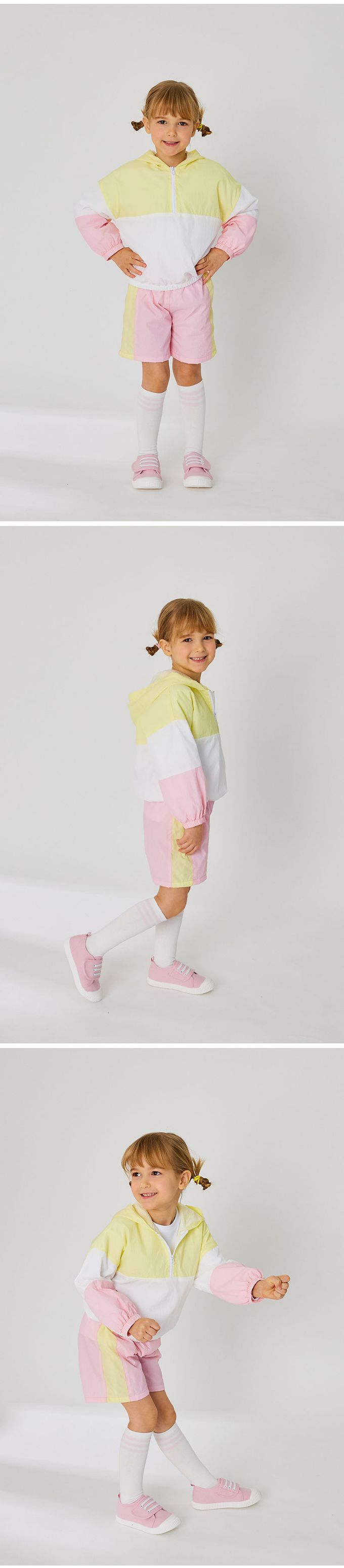 韓國 OZKIZ - 運動風網眼內襯長袖短褲套裝-黃X白X粉