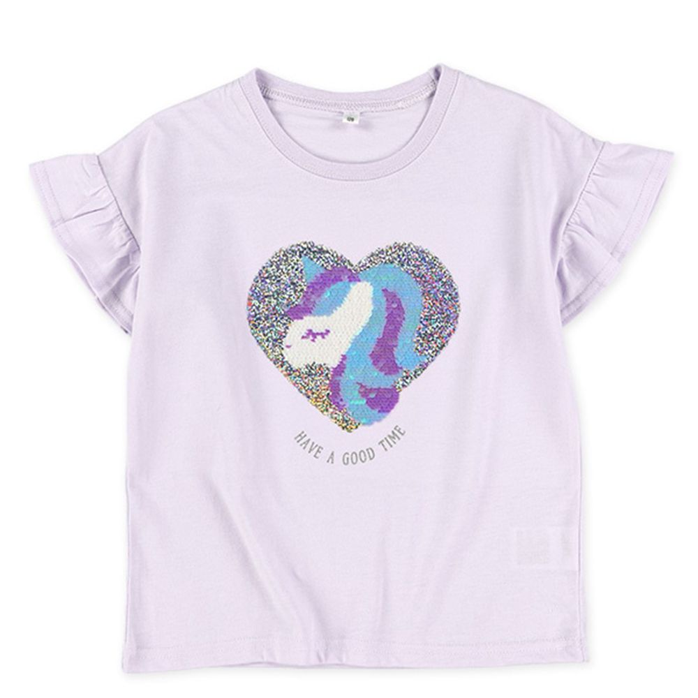 閃耀亮片獨角獸荷葉短袖上衣-薰衣草