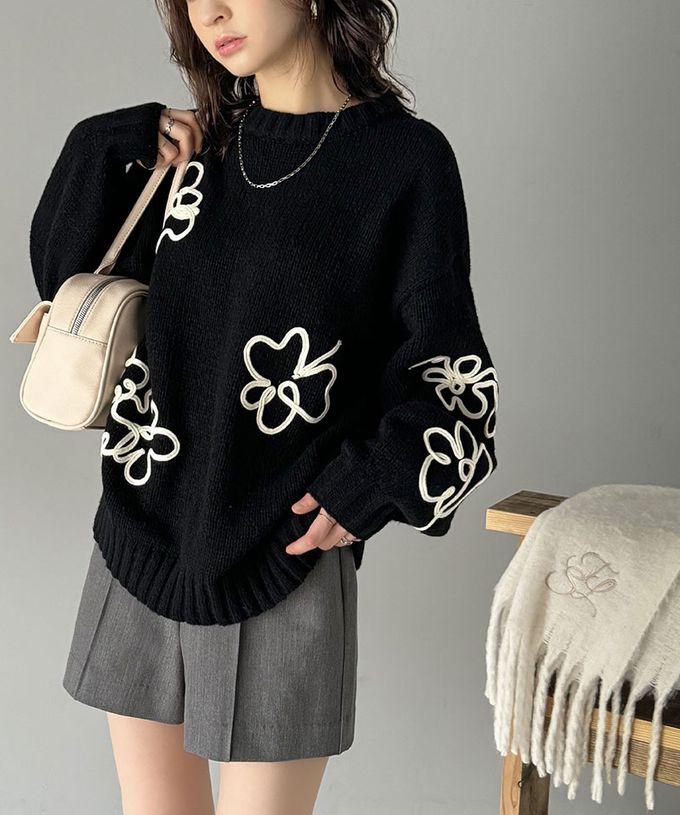 日本 Classical Elf - 線條花朵蓬鬆感針織上衣-黑