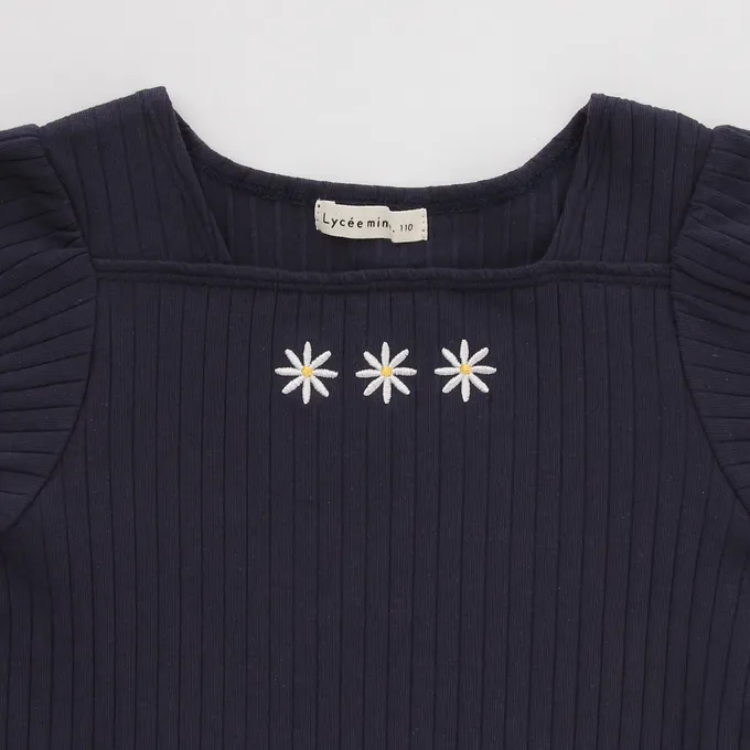 日本 Lycee mine - 方領羅紋可愛刺繡泡泡短袖上衣-愛心-象牙白