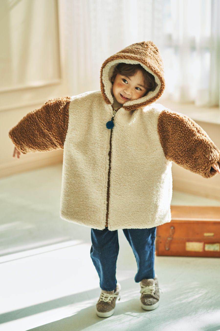 韓國 Mimico - (雙面可穿)熊耳朵豹紋外套-咖啡X藍綠