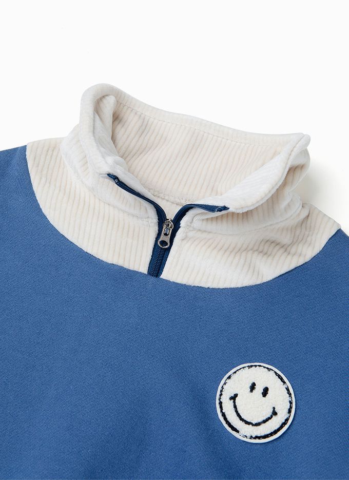 韓國 OZKIZ - 圓圓笑臉高領內磨毛長袖上衣-藍