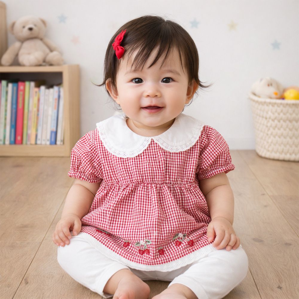 短袖格紋上衣-紅色