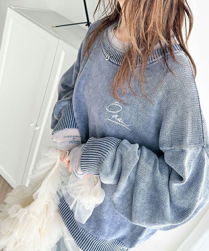 日本 Classical Elf - 厚磅棉復古刷色感logo長袖上衣-丹寧藍