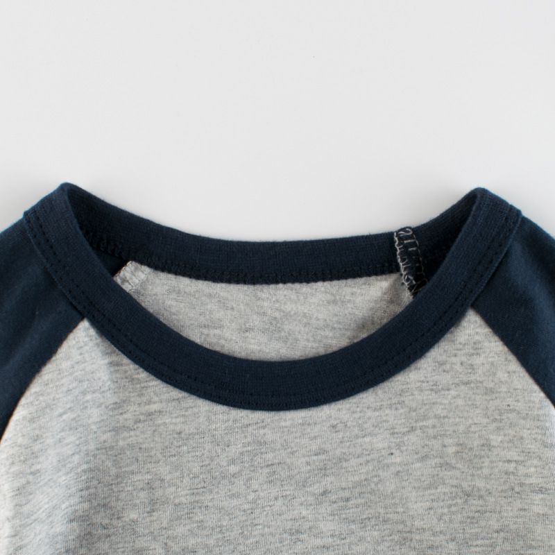 純棉短袖上衣-無圖袖子條紋款-灰+深藍