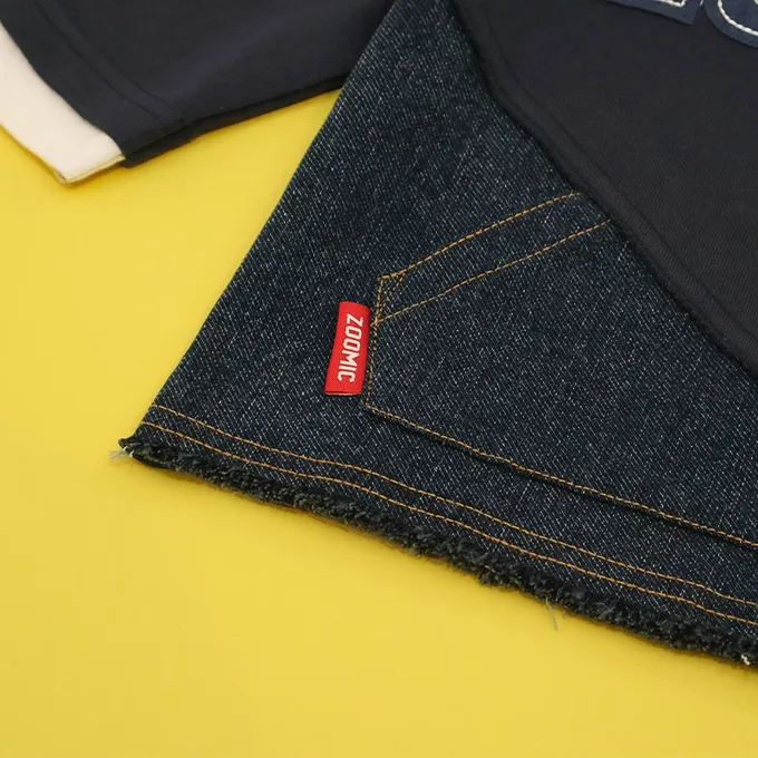 日本 ZOOLAND - 丹寧風小熊裏毛長袖上衣-品牌好朋友-海軍藍x黑