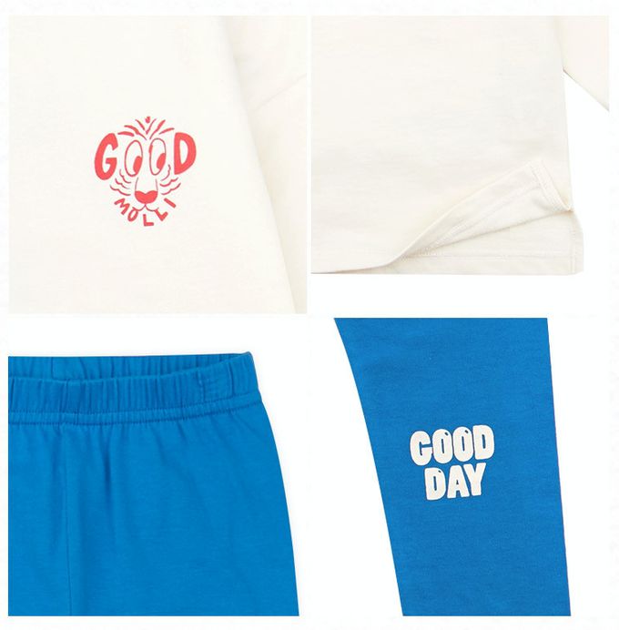 韓國 mollimelli - GOOD DAY文字印長袖套裝-米X寶藍