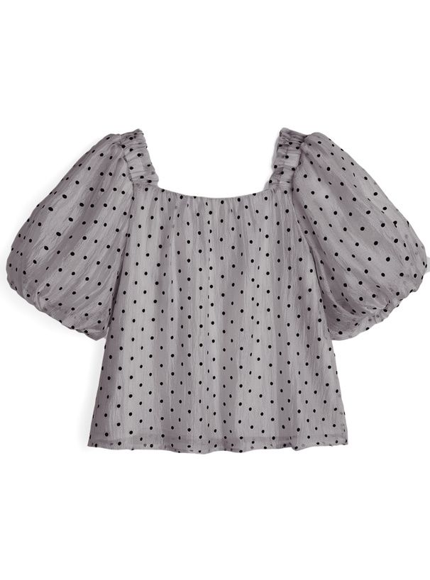 日本 GRL - 法式方領點點泡泡袖上衣-石墨灰 (M)