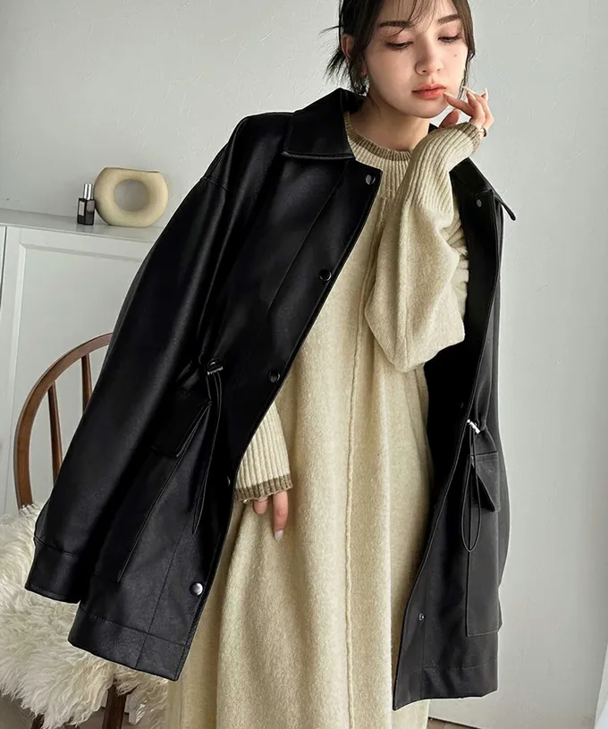 日本 Classical Elf - 溫暖滾邊小立領優雅針織長袖洋裝-米