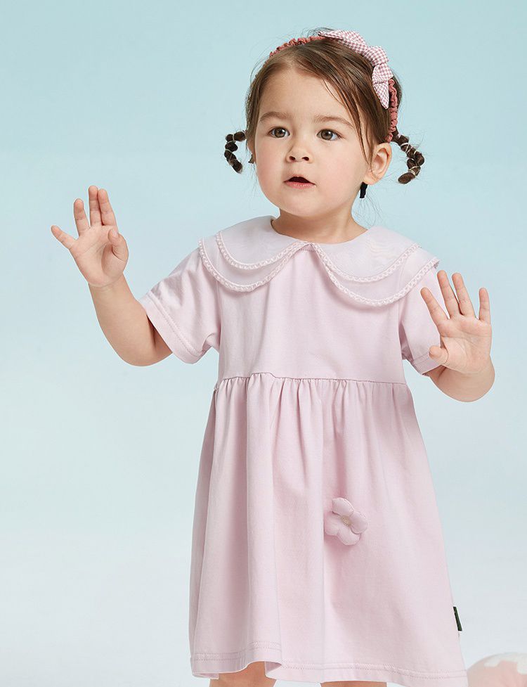 娃娃領公主袖連身洋裝-立體花朵-粉色