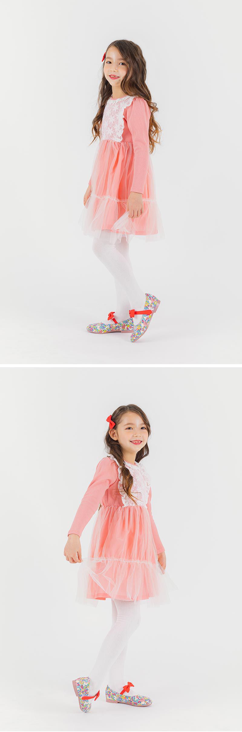 韓國 OZKIZ - 胸前蕾絲花朵網紗長袖拼接洋裝