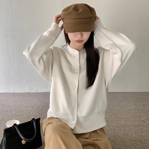 小香風圓領排釦開衫外套-奶油白