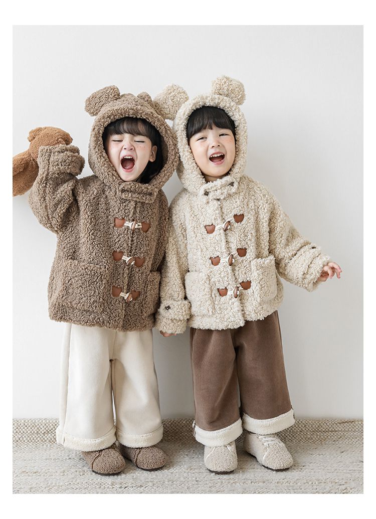 TONGMO - 立體造型羊羔絨牛角釦連帽外套-熊耳朵-米色