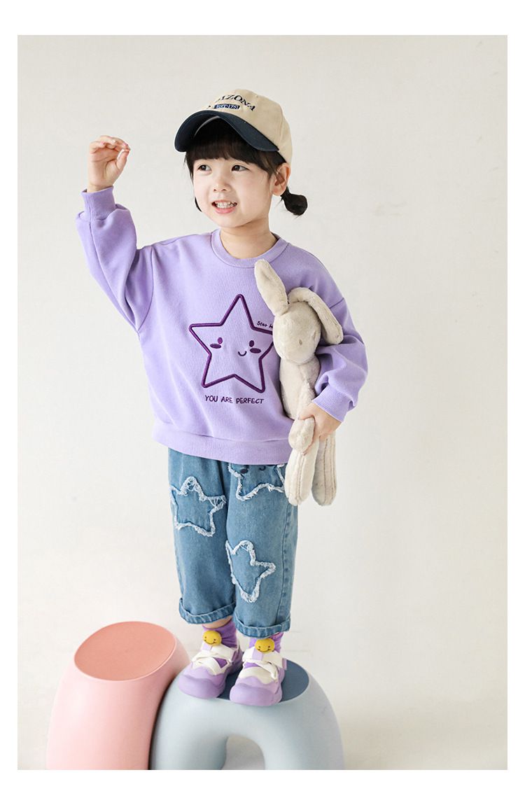 針織刺繡圓領長袖上衣-星星-米白色