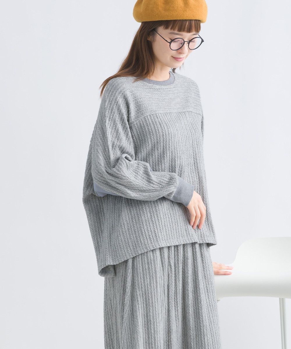 日本女裝代購 - 拼接撞色寬袖麻花針織上衣-灰