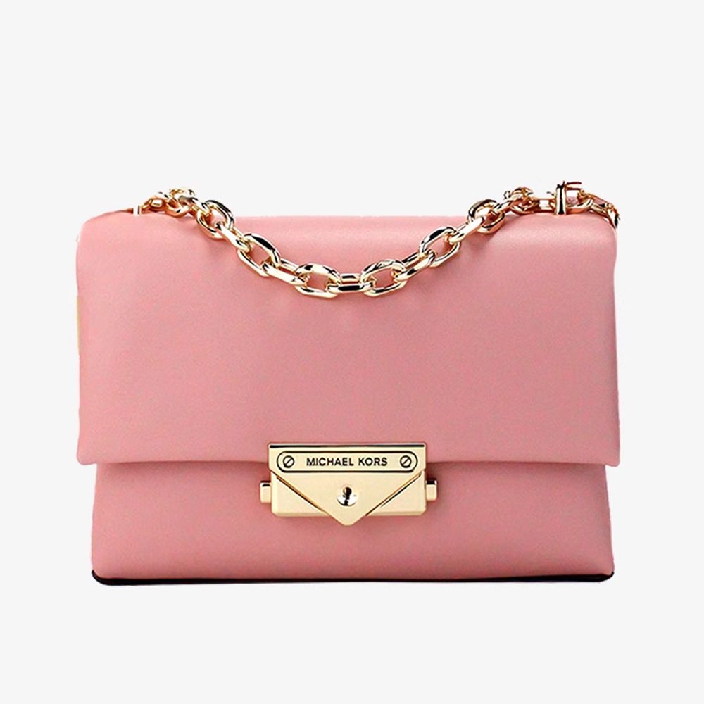 皮革+鍊條翻蓋肩背包 (粉紅)