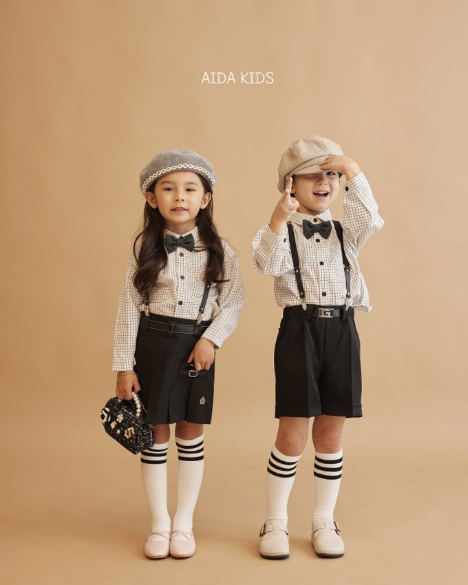 韓國 AIDA - (不含領結)簡單細格紋翻領長袖襯衫-白