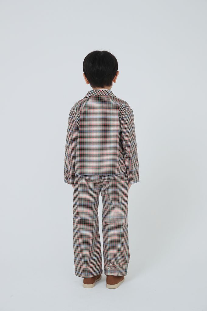 韓國 Coco Bang - 多彩色線格紋翻領西裝外套-咖X紅X綠X藍紫